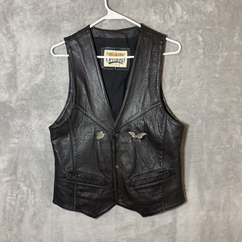 Open Road Womens Black Leather Biker Motorcycle Vest Sz S Western Snap Front